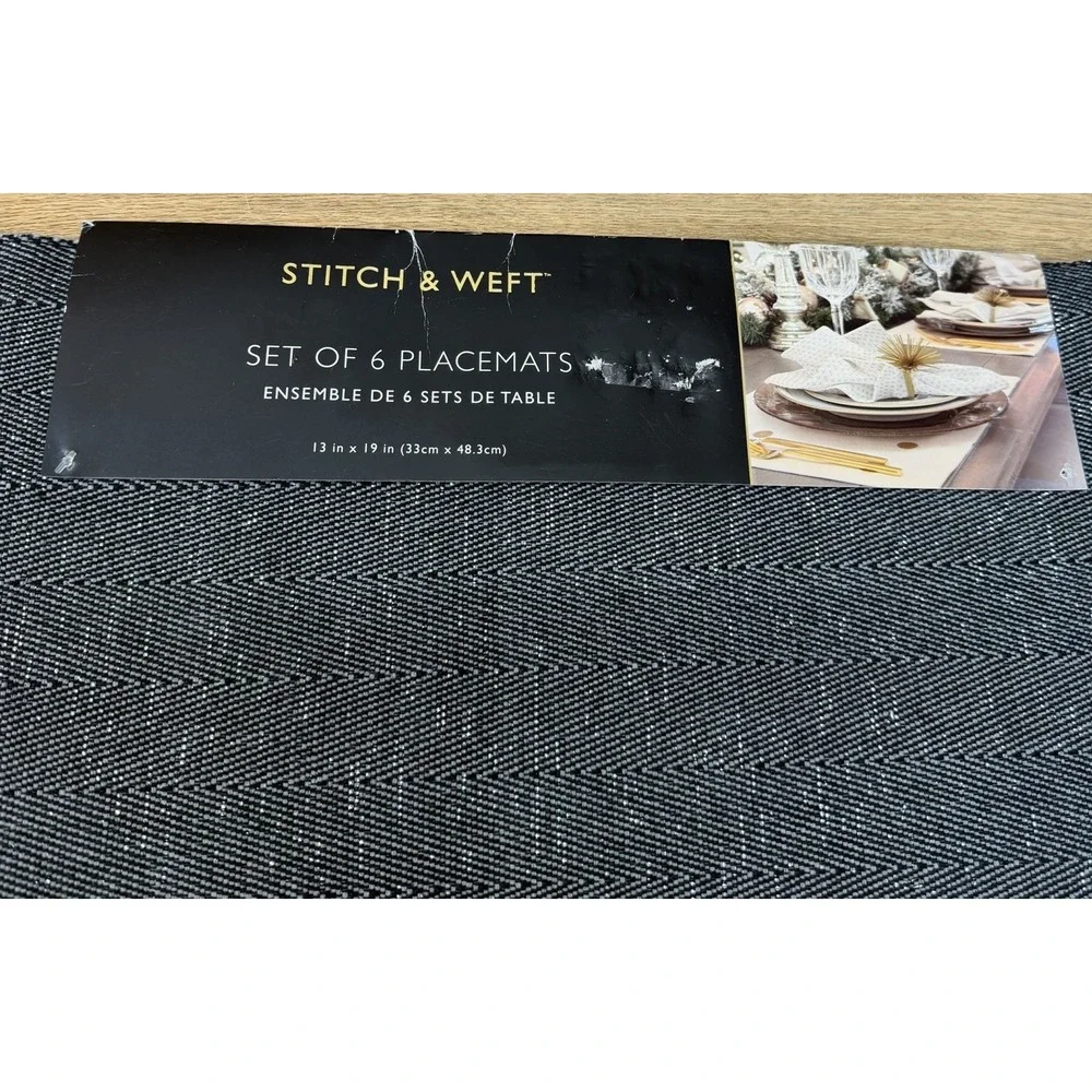 Stitch & Weft Set Of 6 Placemats Charcoal Black Gray Metallic Tencil 13x19 NWT